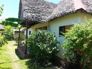 una casa con techo de paja y algunos arbustos en Villa Alexandra en Isla Santa María