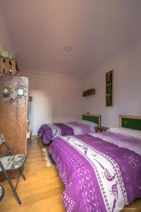 two beds in a room with purple comforters at Hostel Covent Garden in León