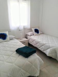 Un dormitorio con dos camas con almohadas azules. en Apartamento Ariel, en Peñíscola