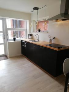 een keuken met zwarte kasten en een wastafel bij Søhuset in Viborg