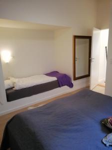 1 Schlafzimmer mit 2 Betten und einem Spiegel in der Unterkunft Søhuset in Viborg