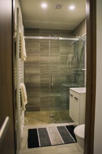 een badkamer met een glazen douche en een toilet bij Penzion JaRo in Hodonín