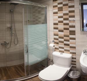 a bathroom with a toilet and a glass shower at Galazio Limani - Rooms to let in Moúdhros