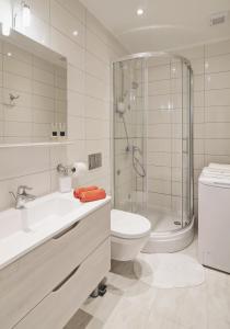 a bathroom with a shower and a toilet and a sink at Dreams Stradun Apartments in Dubrovnik