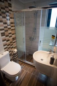 a bathroom with a toilet and a sink and a shower at Galazio Limani - Rooms to let in Moúdhros