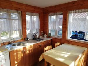 a kitchen with a sink and a counter with windows at Domek Zapiecek in Białowieża