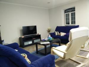 a living room with blue couches and a tv at Casa da Avó Arminda in Cantanhede