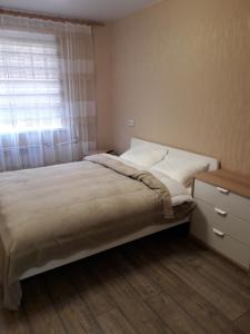 ハバロフスクにあるАпартаменты с 2-мя спальными и гостинной на Ким Ю Чена 9аのベッドルーム1室(大型ベッド1台、窓付)