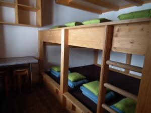 Habitación con litera y 2 literas con almohadas en Alpenlodge, en Willigen