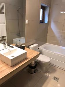 a bathroom with a sink and a toilet and a tub at Casa Coquette Buzau in Buzău +13 photos