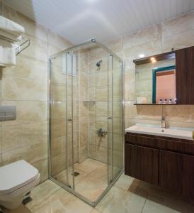 a bathroom with a shower and a toilet and a sink at Club Hotel Rama in Beldibi