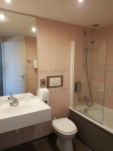 シュノーヴにあるLOGIS Hotel l'Escargotière Dijon Sud - Chenoveのバスルーム(洗面台、トイレ、シャワー付)