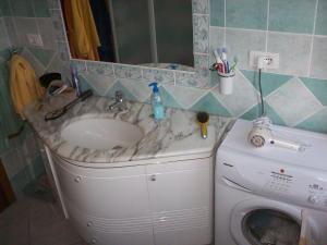 a bathroom with a sink and a washing machine at VIA BOCCACCIO 16 in Budoni
