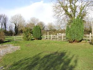 Ein Zaun auf einem Feld mit zwei Bäumen in der Unterkunft Delia's Cottage in Ballinrobe