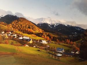 a small town in a valley with a mountain at Apartma pod Rožco in Jesenice
