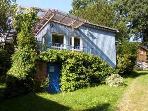 a house with a blue door in the grass at blaues Haus am See in Schwarz