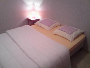 ルオムにあるgîte en sud Ardècheのベッド1台(枕2つ、テーブル上のランプ付)