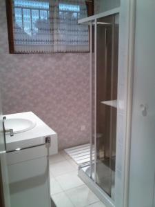 ein Bad mit einem Waschbecken und einer Glasdusche in der Unterkunft gîte en sud Ardèche in Ruoms