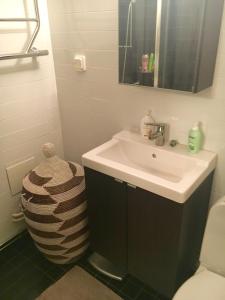 bagno con lavandino, servizi igienici e specchio di Farsta Bed and Breakfast a Stoccolma