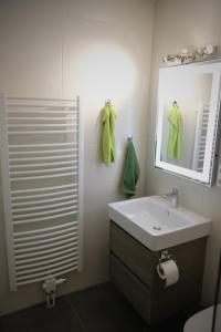 a bathroom with a sink and a mirror and green towels at Apartment Suite von Betzenstein in Markkleeberg +11 photos