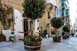 a street with potted plants and flowers in barrels at Sant Orsla Suite in Valletta