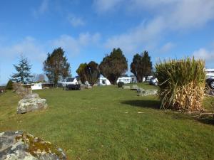 un gran campo de césped con árboles y edificios en Chalet Cwtch en Roch