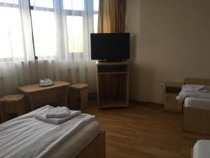 Cette chambre d'hôtel dispose d'une télévision et d'un lit. dans l'établissement Pensiunea Belvedere, à Craiova