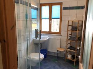 a bathroom with a sink and a toilet and a window at Fuchsmühle in Rothenburg ob der Tauber