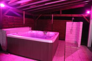 une grande baignoire rose dans une chambre avec des lumières violettes dans l'établissement Joli bungalow avec jacuzzi chez Roberto, à Petit-Canal