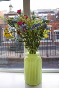 リバプールにあるRenshaw Guest Houseの窓枠に花びらが咲き誇る緑の花瓶
