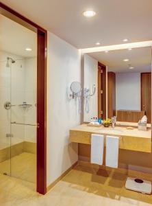 a bathroom with a shower and a sink and a mirror at Estelar Villavicencio Hotel & Centro De Convenciones in Villavicencio