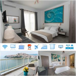 a collage of two pictures of a hotel room at Olive House Apartments in Kavala