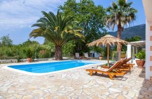a pool with chairs and a umbrella and palm trees at Villa Aliki in Vasiliki