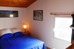 a bedroom with a blue bed and a window at Chez Babeth in Toulouse