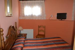 1 dormitorio con cama, ventana y TV en Hostal Arévacos, en Soria