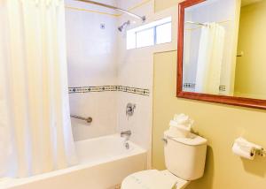 a bathroom with a toilet and a shower with a mirror at Pacifica Motel in Long Beach
