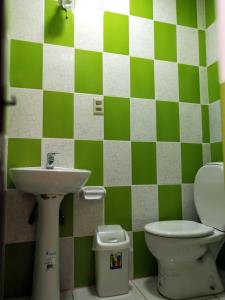 a green and white bathroom with a sink and a toilet at Tierra Nuestra in Tarija