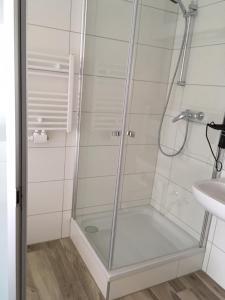 una ducha con una puerta de cristal junto a un lavabo en Nordwaldfarm en Waidhofen an der Thaya