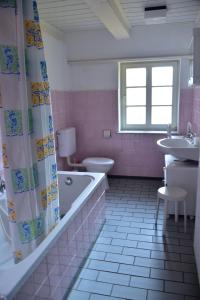 a bathroom with a tub and a toilet and a sink at Hackerhof-Mittewohnung in Morsum
