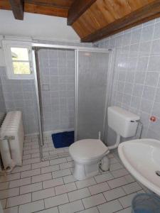 a bathroom with a toilet and a shower and a sink at Hackerhof-Westwohnung in Morsum