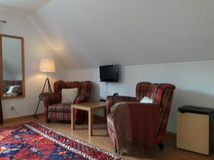 ein Wohnzimmer mit 2 Stühlen, einem Tisch und einem TV in der Unterkunft Linda Gård in Yngsjö