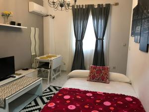 una stanza con un letto, una scrivania e una finestra di Apartamento Conocedores a Jerez de la Frontera