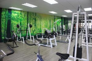 a gym with a green wall with exercise equipment at Halfway House Hotel in Kimberley