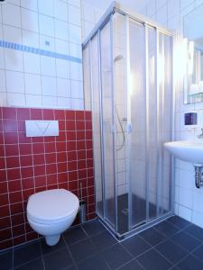 a bathroom with a toilet and a shower and a sink at Sporthotel Borussia Düsseldorf in Düsseldorf