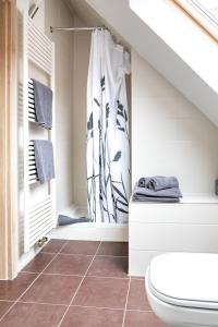 ein Bad mit einem WC und einer Dusche in der Unterkunft Pension Sleep-In Brettach in Brettach