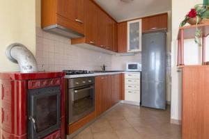 a kitchen with wooden cabinets and a stove and refrigerator at Apartmani Irena in Veprinac