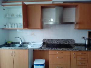 eine Küche mit einer Spüle und einer Arbeitsplatte in der Unterkunft Albergue Aqua Portomarin in Portomarin