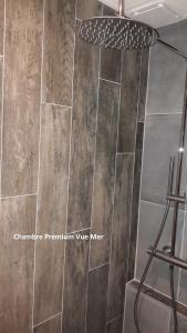 a shower in a bathroom with a tile wall at Hôtel Les Brises in La Rochelle +37 photos
