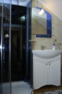 a bathroom with a shower and a sink and a mirror at Traditional Hermannstadt in Sibiu