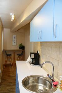 a kitchen with a sink and blue cabinets at Traditional Hermannstadt in Sibiu